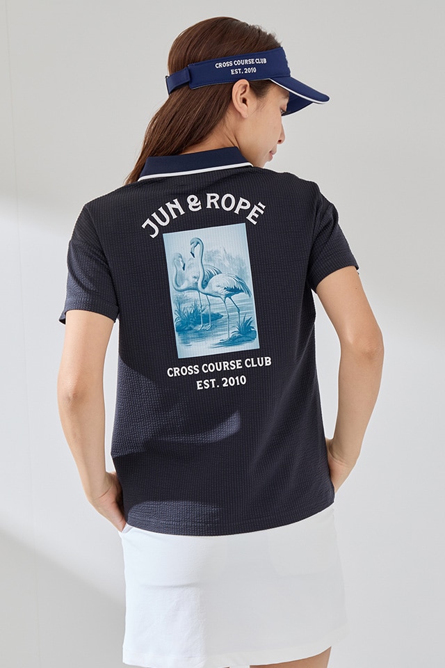 ジュン&ロペ　モックネックバックプリント半袖プルオーバー　ハーフジップ JUN&ROPE'｜【UV】【接触冷感】モックネックバックプリント半袖